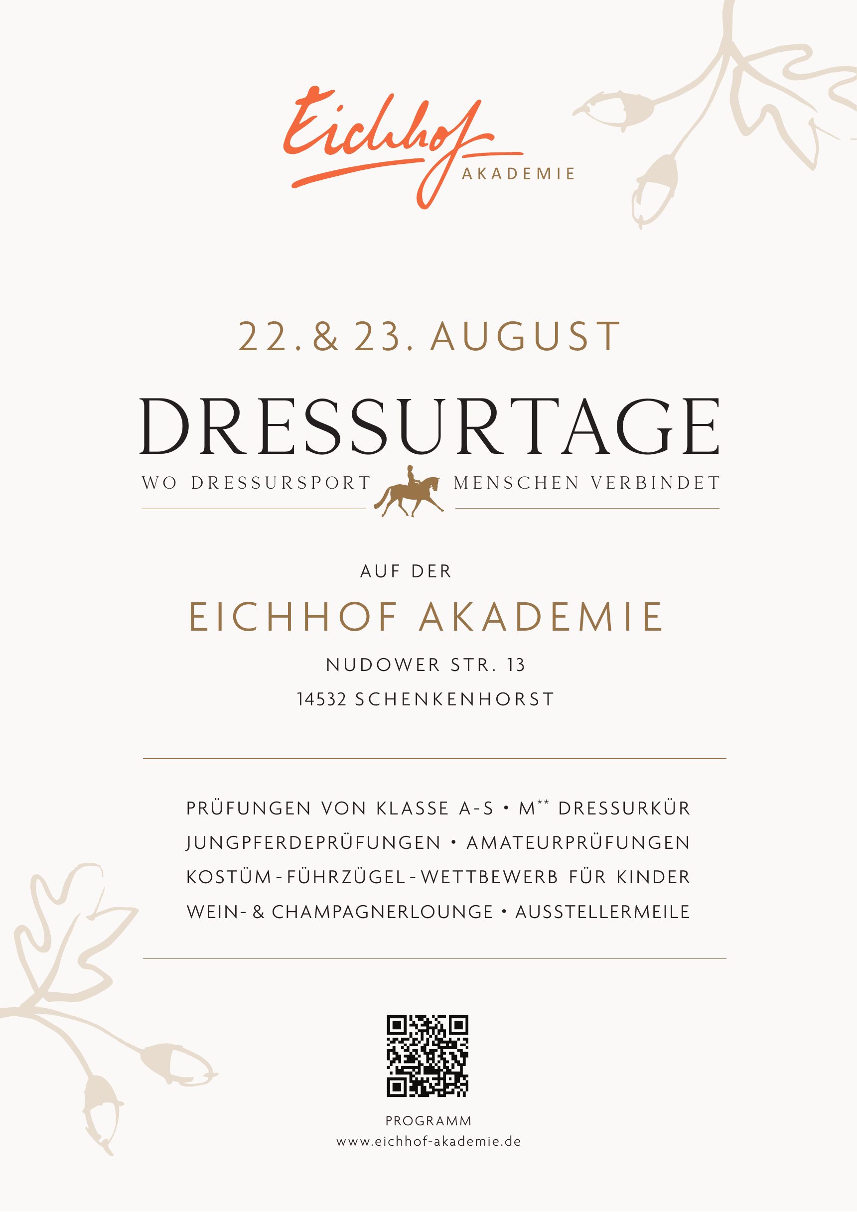 Einladung zu den Dressurtagen am 22. & 23. August auf der Eichhof Akademie, Nudower Str. 13, 14532 Schenkenhorst